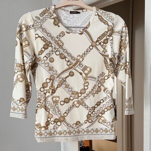 J Mclaughlin Cream and Gold Chain Print Long Sleeve Top